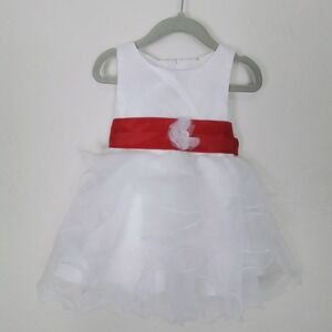 Girls Sleeveless Fit Flare Dress Sz M White Red Tie‎ Tiered Ruffle Skirt Lined